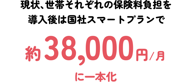 現状、世帯それぞれの保険料負担を導入後は国社スマートプランで約38,000円/月に一本化